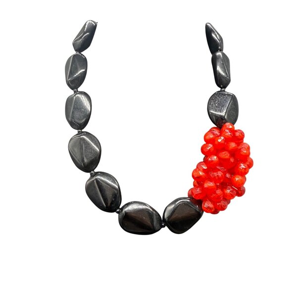 Black & Red Statement Beaded Necklace 19-22" Chunky Geometric - Picture 3 of 9